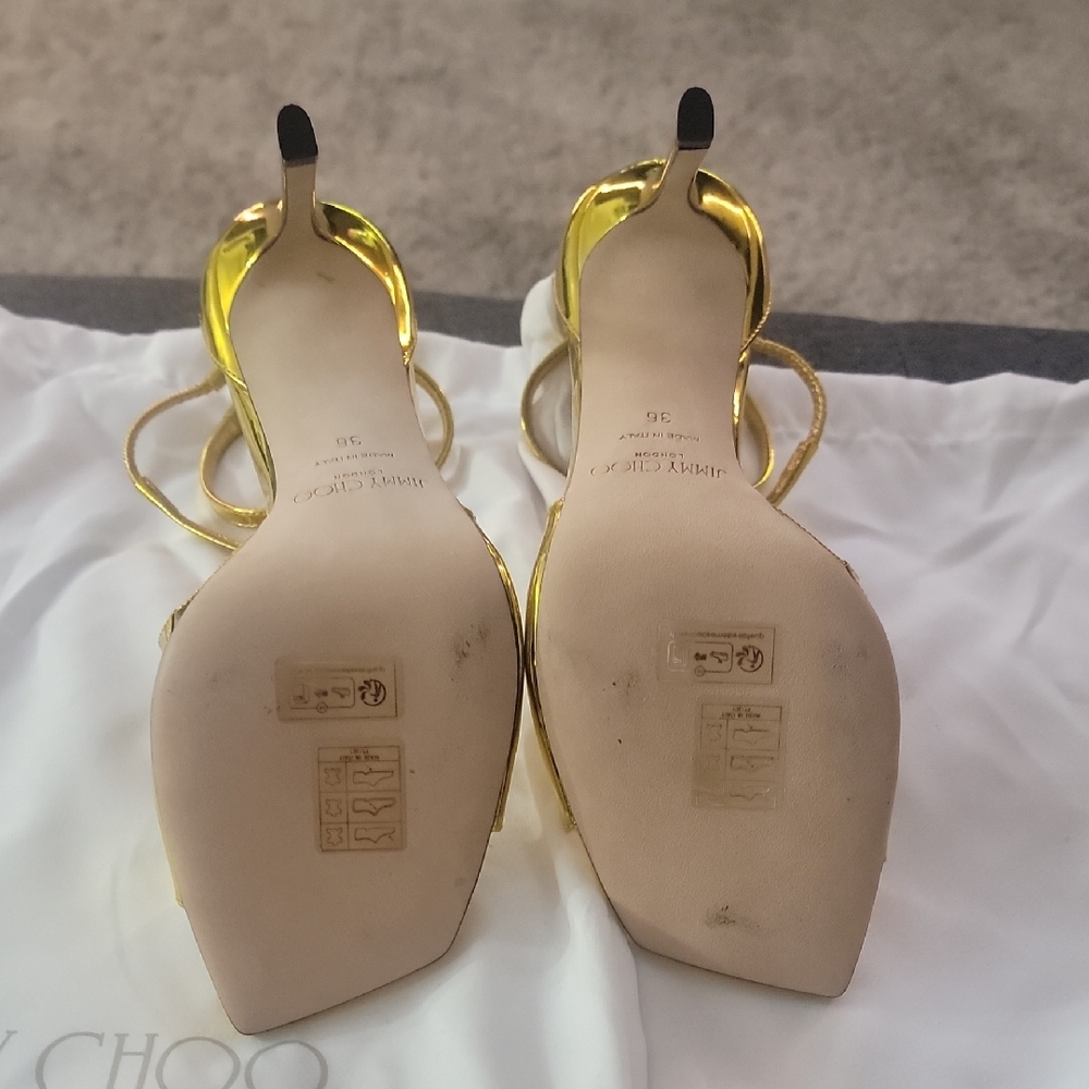 Jimmy Choo Azia 110 Gold Liquid Metal Leather Sandals Gold Strappy Heels - Picture 5 of 6